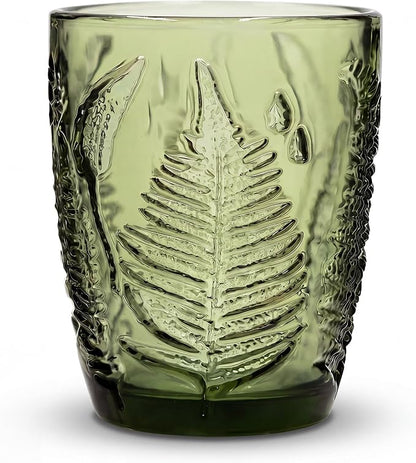 Vintage Green Drinking Glass, 10 oz Hand-Pressed Deep Textured Glass Cup by QELVIO
