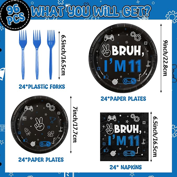 96Pcs 11th Birthday Party Plates Supplies Bruh I’m 11 Years Old Blue Black - Image 2