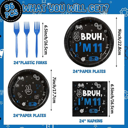 96Pcs 11th Birthday Party Plates Supplies Bruh I’m 11 Years Old Blue Black - Image 2