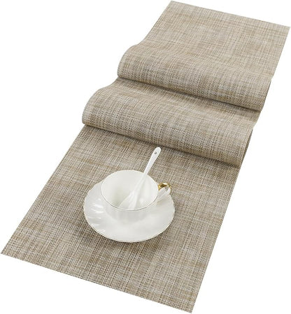 SHACOS Woven Vinyl Table Runners 12 x 54 inch Wipeable Table Runner Heat Resistant Runner for Table Indoor Outdoor, Beige