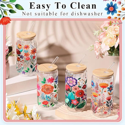 Mumufy 4 Pack Wildflower Glass Cups Gift Aesthetic Cute Glass Cup Tumbler - Image 5