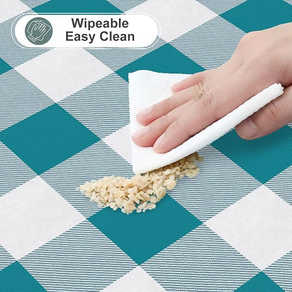 misaya Round Waterproof Vinyl Table Cloth, Buffalo Flannel Backed Tablecloth, Wipeable Plastic Table Cover for Dinner, Kitchen, Picnic (60", Turquoise and White)