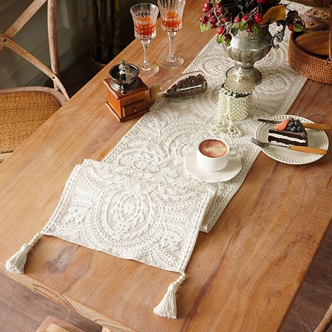 Long Table Runner Embroidered Rustic Decor, 4 Tassel Pendants, Holiday Display - Image 2