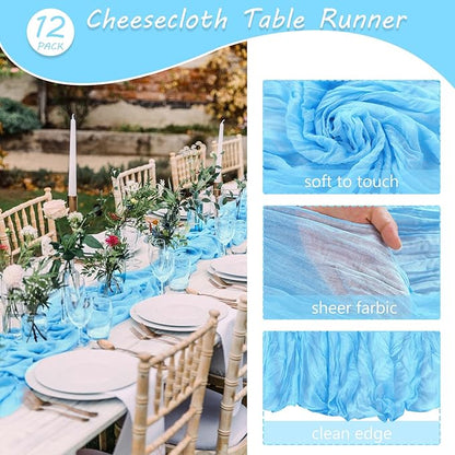 12 Pack Cheesecloth Table Runner 35x72 Inch Boho Gauze Rustic Cheese Cloth Romantic Long Table Runner for Wedding Bridal Shower Birthday Party Table Decor (Baby Blue)