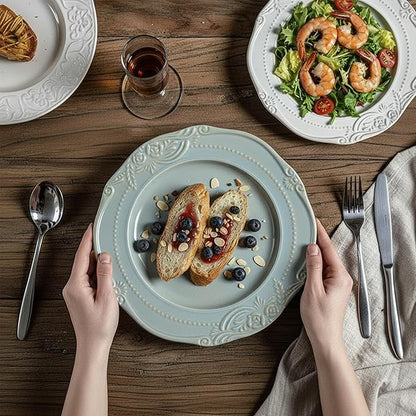 salad plates set of 4, 10.5 inch Reactive Glaze Stoneware Dinner Dish Set for Dessert, Salad, Appetizer, platos de ceramica Dishwasher & Oven Safe, Scratch Resistant-Light Blue