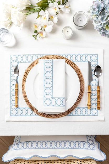 Hofdeco Premium Coastal Patio Indoor Outdoor Placemat Set of 4, 14"x19" Double-Layered, Waterproof Cloth Placemat for Kitchen or Dining Table. Baby Blue Embroidered Frame