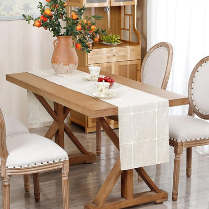 NEWISHER Rustic Embroidered Plaid Cloth Table Runner 60 inches, Farmhouse - Image 2