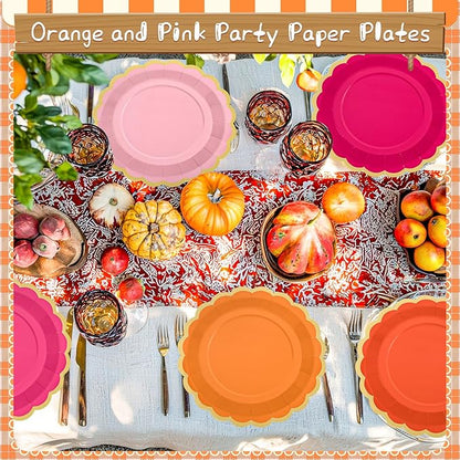 48 Pcs Pink and Orange Paper Plates 9 Inch Scalloped Paper Plates Disposable Dinner Dessert for Birthday Wedding Bridal Party Supplies, 6 Colors