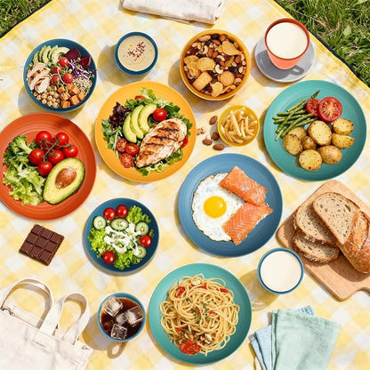 Wheat Straw Dinnerware Sets, Unbreakable Plates and Bowls Sets of 16, Kids Dinnerware Set Sevice for 4, Dishwasher & Microwave Safe Dish Set for Kitchen, Outdoor, Camping - Multi