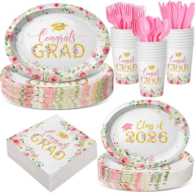 350 Pcs Class of 2026 Floral Graduation Party Decorations 12 inch Disposable by Pajean