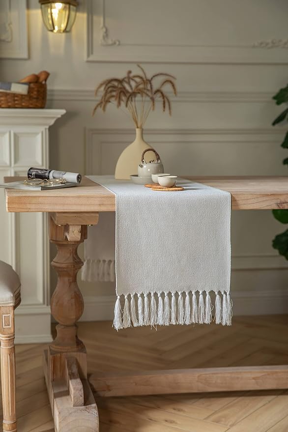 Light Grey Table Runners 108 Inches Long, Burlap Linen Style Rustic Farmhouse - Image 3