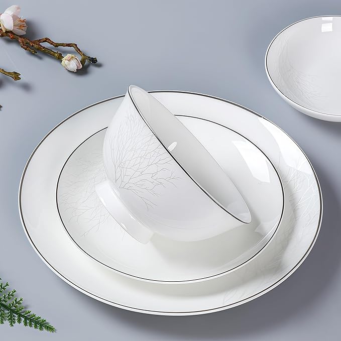 Fine Bone China Dinnerware Set,Porcelain&Ceramic Dinnerware Sets,Bone Stoneware&Ceramic Cookware Tableware Set Includes Dinner Plates|Spoons|Pasta Bowls|Soup Pot|Chopsticks (16PCS * 4-Person Set)
