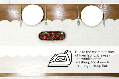 100% Natural Linen Rustic Scalloped Embroidery Table Runner 48 Inches, Linen - Image 4