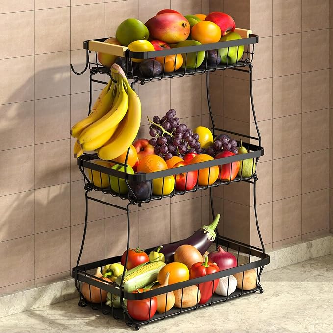 3-Tier Fruit Basket with Banana Hangers, Detachable Metal Bowl | Wooden handle by Sevenblue