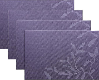 Leaf Placemats Set of 4 Non-Slip Heat-Resistant Vinyl Washable Place Mats for Kitchen Table Indoor Outdoor Durable (18"x12", Purple)