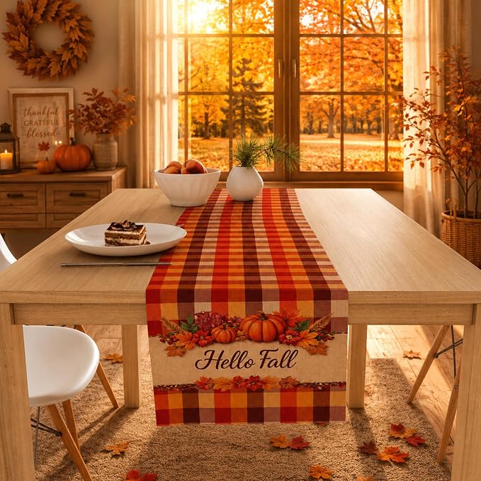 Fall Decor - Hello Fall Pumpkin Plaid Table Runner - Image 2