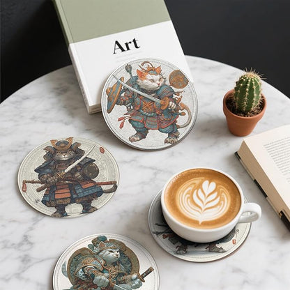 Japanese Cat Coasters Leather Round Drink Coasters 6 Pcs Set with Holderor for Cup Drink Coffee Table Bar Home Decor