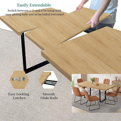 ZckyCine 7-Piece Modern Dining Set, 67" Expandable Oak Dining Table with 6 Brown Faux Leather Upholstered Chairs, Extendable Kitchen Table Set for 6, Scratch-Resistant, Easy Assembly