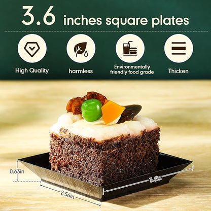 Zhehao 100 Pcs Plastic Dessert Appetizer Plates Disposable, 3.6 x 3.6 Inch Small Square Plastic Dessert Cake Plate for Party, Valentine's Day Wedding Birthday Bridal Baby Shower Supplies (Black)