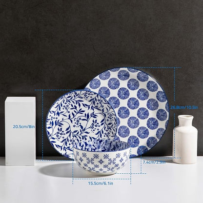 Sweejar 24 Pieces Ceramic Dinnerware Sets, Handmade Plates and Bowls Sets, Highly Scratch Resistant Dishes Set for Kitchen,Porcelain Dishwasher & Microwave Safe Dishes Set,Service for 8 (Vintage Blue)