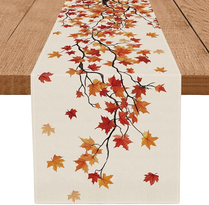 Fall Table Runner Maple Leaf Seasonal Autumn Burlap Table Decoration Holiday by QIONGMENG
