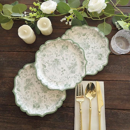 50 Pack 8" Sage Green Dessert Plates in French Toile Floral Pattern, Disposable Round Paper Appetizer Salad Plates 300 GSM for Party Decoration
