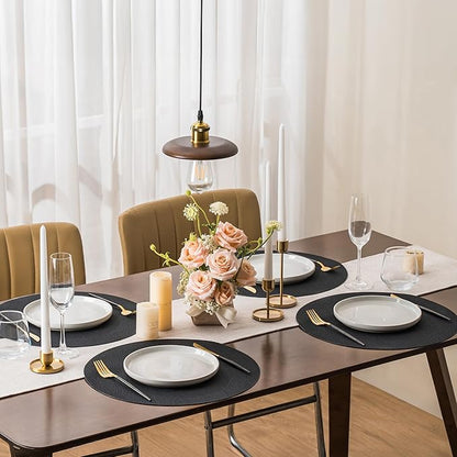 Jovono 15" Faux Leather Big Round Placemats Set of 4 - Washable Heat Resistant Non-Slip Dining Table Mats with Fabric Texture for Kitchen Home Party Decor, Black