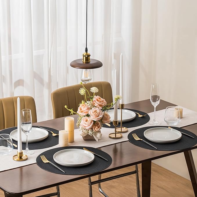 Jovono 15" Faux Leather Big Round Placemats Set of 6 - Washable Heat Resistant Non-Slip Dining Table Mats with Fabric Texture for Kitchen Home Party Decor, Black