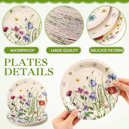 Umigy 120 Pcs Vintage Wild Floral Paper Plates 7 Inch Floral Plates, Fall Summer Flower Dinner Tableware Watercolor Flower Tea Party Dessert Tableware for Birthday Wedding Baby Bridal Shower Party