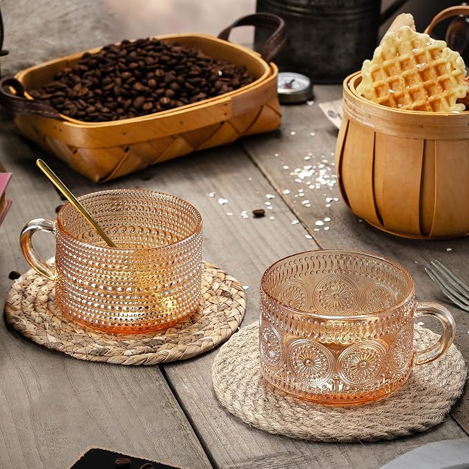 Gezzeny Vintage Coffee Mugs 14 Oz Set of 2 Amber Embossed Glass Tea Cups - Image 4