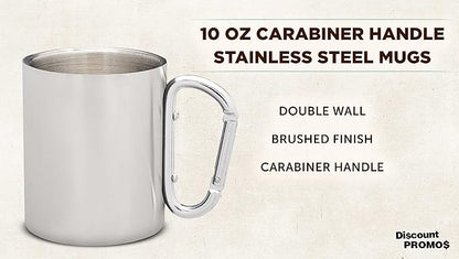 DISCOUNT PROMOS Stainless Steel Mugs with Carabiner Handle 10 oz. Set of 10, Bulk Pack - Perfect for Coffee, Soda, Other Hot & Cold Beverages - Silver
