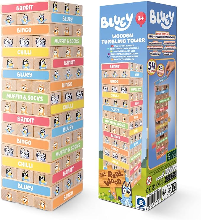 Bluey Tumbling Tower Game, 54 Illustrated Wooden Blocks, Ages 3+ by Bluey