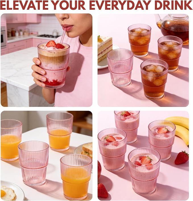 Pink Ribbed Drinking Glasses, 14 fl oz Glass Cups Set of 4 | Aesthetic Style - Image 5