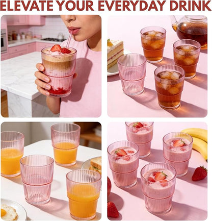 Pink Ribbed Drinking Glasses, 14 fl oz Glass Cups Set of 4 | Aesthetic Style - Image 5