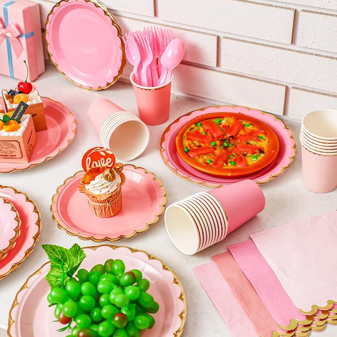 Yaomiao 168 Pcs Pink Dinnerware Sets Pink Plates Disposable Paper Plates Cups - Image 4