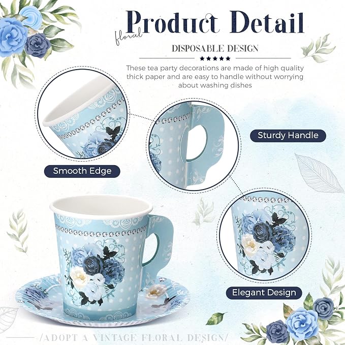Nuogo 200 Pcs Floral Paper Tea Cups and Saucers 7 oz Disposable Paper Teacups - Image 3