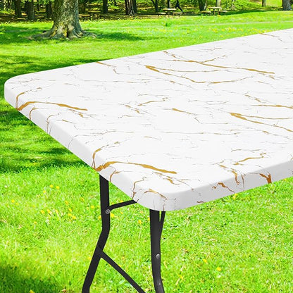Smiry Rectangle Table Cloth Cover, Waterproof Elastic Fitted Picnic Tablecloth for 8 Foot Tables, Wipeable Flannel Backed Vinyl Tablecloths for Camping, Dining, Outdoor (White, 30" x 96")