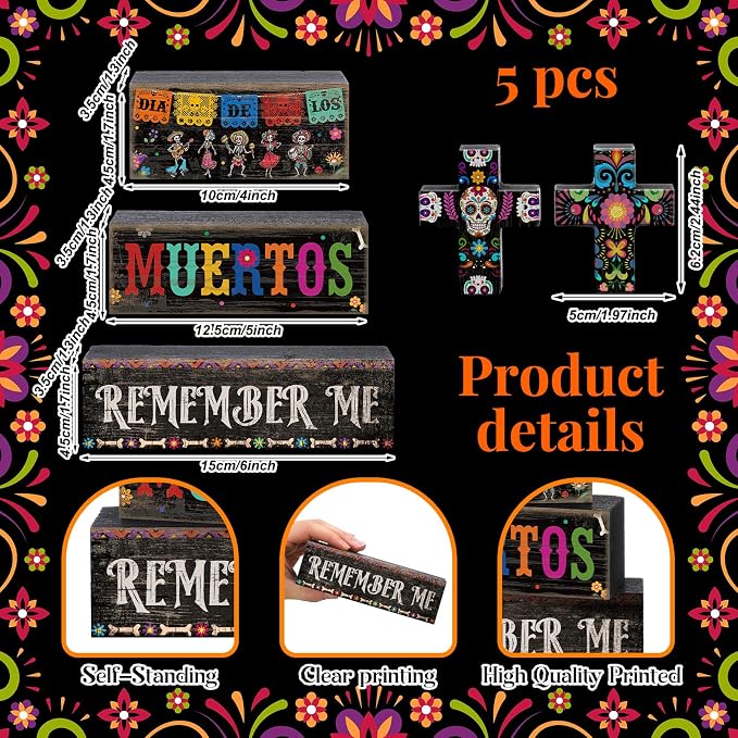 Moucuny 4 Pcs Day of the Dead Table Decorations Day of the Dead Cross - Image 6