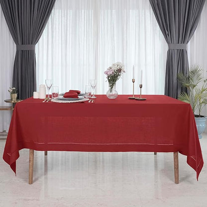 D'Moksha Homes Red Linen Tablecloth for Rectangle Tables 60 x 102 Inch - Classic Hemstitch 100% Pure Linen Red Table Cloth - Machine Washable Dining Tablecloth for Valentines, Spring