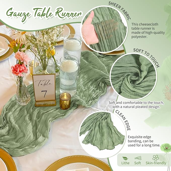 Showgeous 30 Pack Sage Green Cheesecloth Table Runner, 17 x 108 Inches | Boho - Image 3