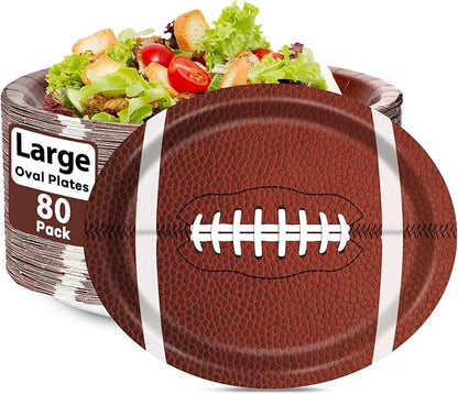 80 PCS Football Oval Paper Plates Large 11” Disposable American Rugby Sport Platters, Touch Down Boy Birthday Theme Party Heavy Duty Dish Tray for BBQ Gathering Picnic Carnival Dinner Party Tableware