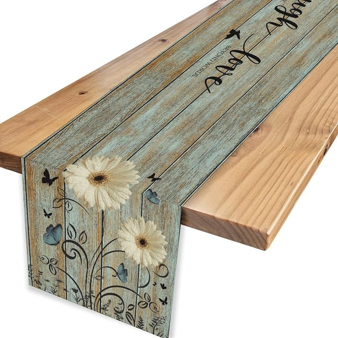 Daisy Table Runner, Rustic Sunflowers White Floral Wooden Boho Butterfly Spring - Image 4