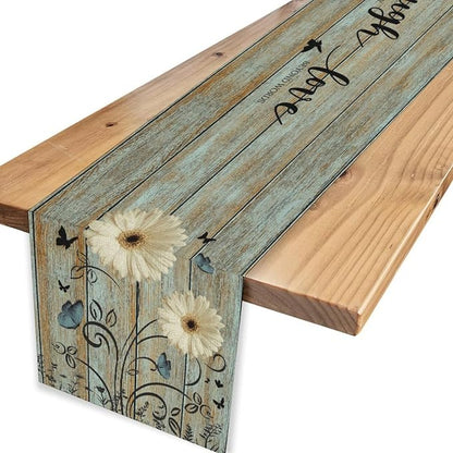 Daisy Table Runner, Rustic Sunflowers White Floral Wooden Boho Butterfly Spring - Image 4