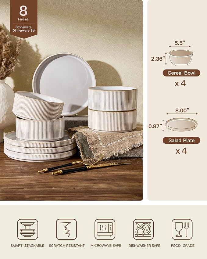 Ceramic Dinnerware Set for 4, 8-Piece Deep Salad Plates and Cereal Bowls | - Image 2