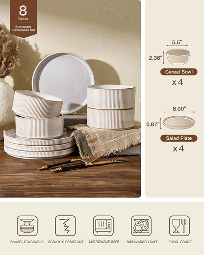 Ceramic Dinnerware Set for 4, 8-Piece Deep Salad Plates and Cereal Bowls | - Image 2