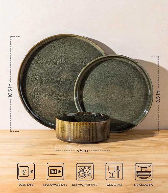 Ceramic Dinnerware Set for 4, 12-Piece Plates and Bowls Set | Lightweight - Image 2