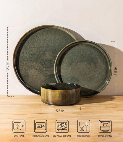 Ceramic Dinnerware Set for 4, 12-Piece Plates and Bowls Set | Lightweight - Image 2