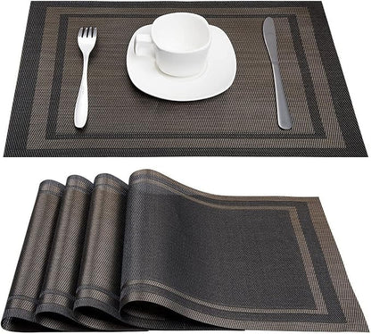 DACHUI Placemats Set of 6, Linen Look Woven Place Mats, Water Resistant, Heat Resistant, Washable, Durable Table Mats (Black Gold)