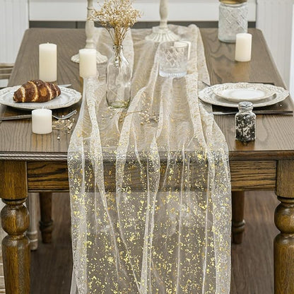 Artoid Mode Beige Gold Gauze Table Runner 120 Inch 10Pcs, Glitter Metallic Foil Sheer Dining Wedding Anniversary Holiday Birthday Table Decor for Home Party