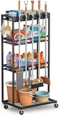 Olakee Taller Broom Holder with Cleaning Supplies Organizer, Broom Closet Storage Cabinet with Mop Hanger Gripper Rack Hooks, Housekeeping Janitorial Cart with Cleaning Caddy, Garage Home Improvement